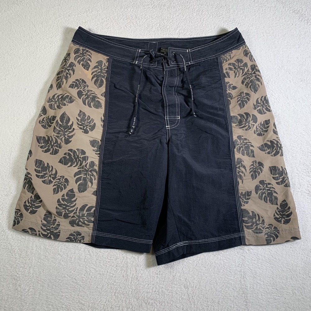 Eddie Bauer Sport Shorts Mens 36 Black Board Swim Trunks Leaf Print Nylon EBTEK